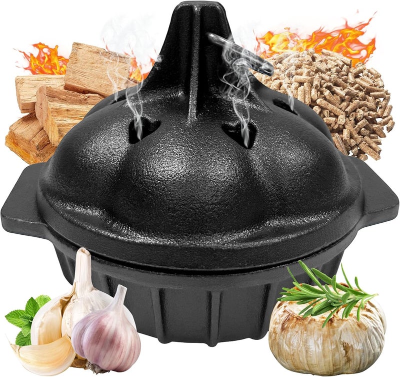 ENEM Small Heavy Duty Cast Iron Roaster & Grill-Smokers Box, Pre-Seasoned Garlic Roaster for Grill, Oven, Stove, For Smoking Vegetables Garlic Potato Baker, Morrocan Tagine Shape Garlic Roasters - Image 1